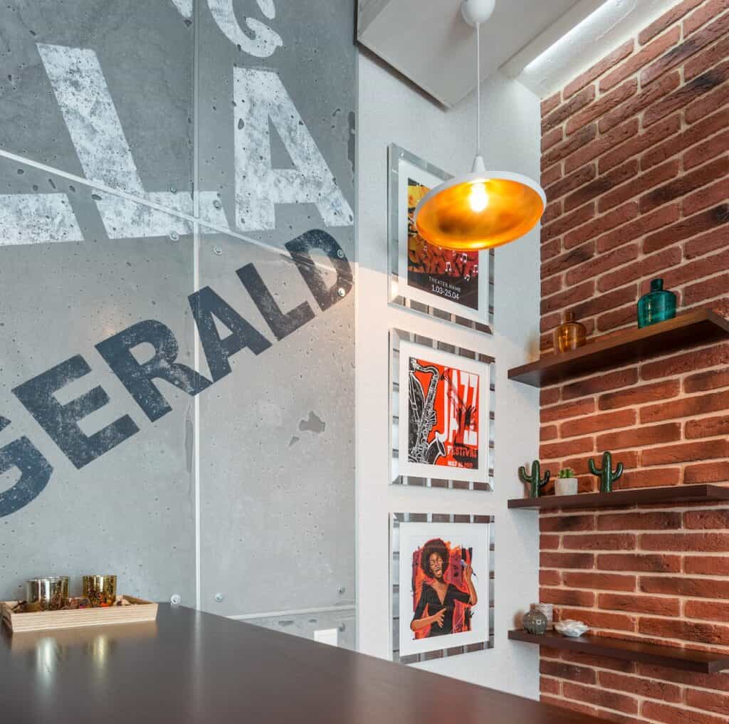 floating shelves on brick wall
